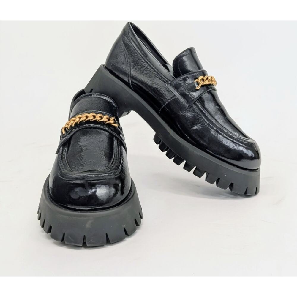 PRINCESS POLLY Unchained Patent Loafers sz 6 Black Gold Chunky Lug Sole Vegan